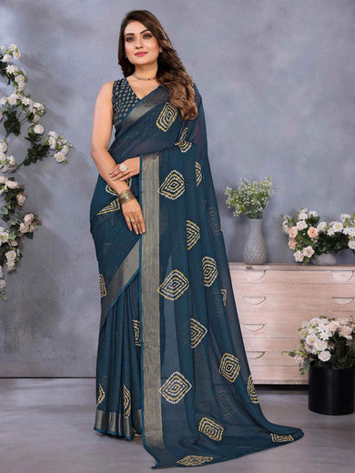 Dazzling Navy Blue Chiffon Casual Wear Saree With Blouse
